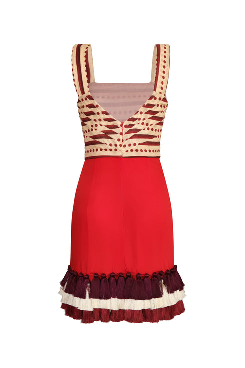 Micaela Linen Mini Dress / Red Stripes & Handmade Wine Tassels